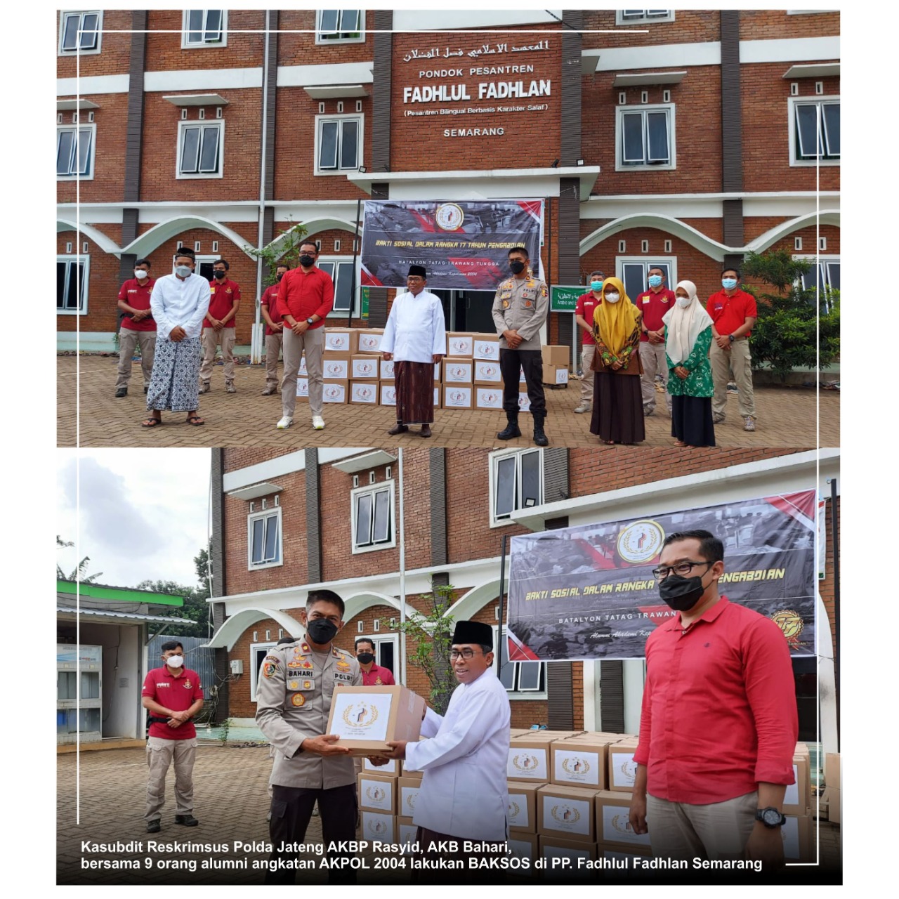Kasubdit Reskrimsus Polda Jateng AKBP Rasyid, AKBP Bahari, bersama 9 anggota alumni angkatan AKPOL 2004 lakukan baksos di Pondok Pesantren Fadhlul Fadhlan (Pesantren Bilingual Barbasis Karakter Salaf) Semarang