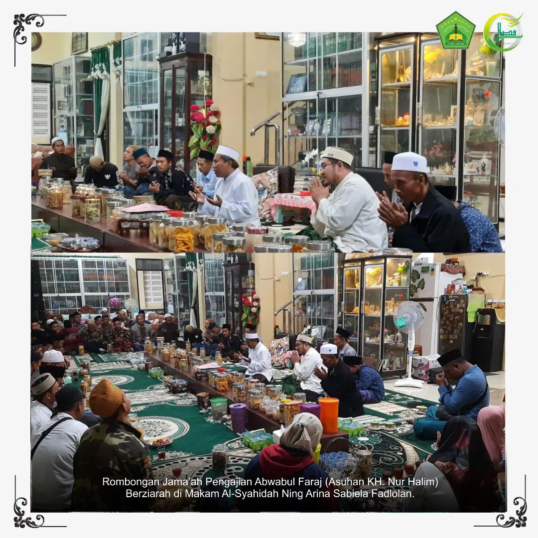 Rombongan jamaah pengajian Abwabul Faraj, asuhan KH. Nur Halim Memulai Ziarah dari Makam Al-Syahidah Ning Arina Sabiela Fadlolan, di belakang masjid Raudhatul Jannah Pesantren Fadhlul Fadhlan (Pesantren Bilingual Berbasis Karakter Salaf) Semarang