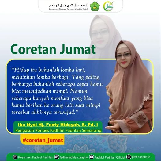 "Hidup itu bukanlah lomba lari, melainkan lomba berbagi. Yang paling berharga bukanlah seberapa cepat kamu bisa mewujudkan mimpi. Namun seberapa banyak manfaat yang bisa kamu berikan ke orang lain saat mimpi tersebut akhirnya terwujud." "Hidup itu bukanlah lomba lari, melainkan lomba berbagi. Yang paling berharga bukanlah seberapa cepat kamu bisa mewujudkan mimpi. Namun seberapa banyak manfaat yang bisa kamu berikan ke orang lain saat mimpi tersebut akhirnya terwujud."