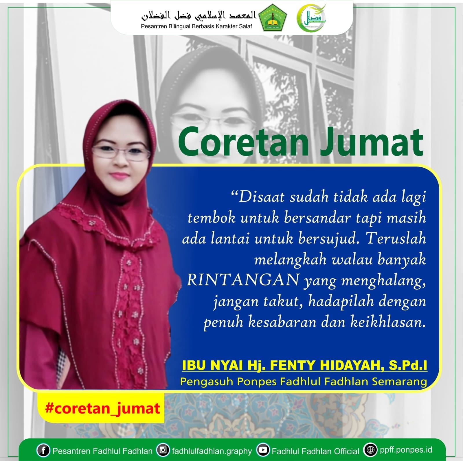 "Disaat sudah tidak ada lagi tembok untuk bersandar tapi masih ada lantai untuk bersujud. Teruslah melangkah walau banyak RINTANGAN yang menghalang, jangan takut, hadapilah dengan penuh kesabaran dan keikhlasan." "Disaat sudah tidak ada lagi tembok untuk bersandar tapi masih ada lantai untuk bersujud. Teruslah melangkah walau banyak RINTANGAN yang menghalang, jangan takut, hadapilah dengan penuh kesabaran dan keikhlasan."